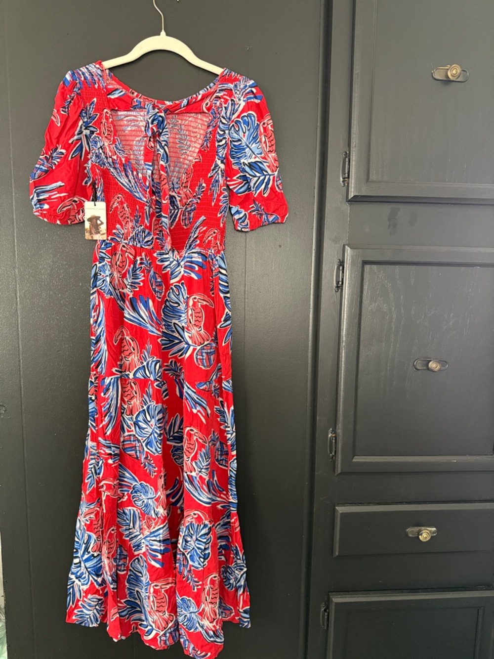 Sincerely Jules Red Maxi Dress with Blue and White Tropical Print size xs, - Picture 6 of 11